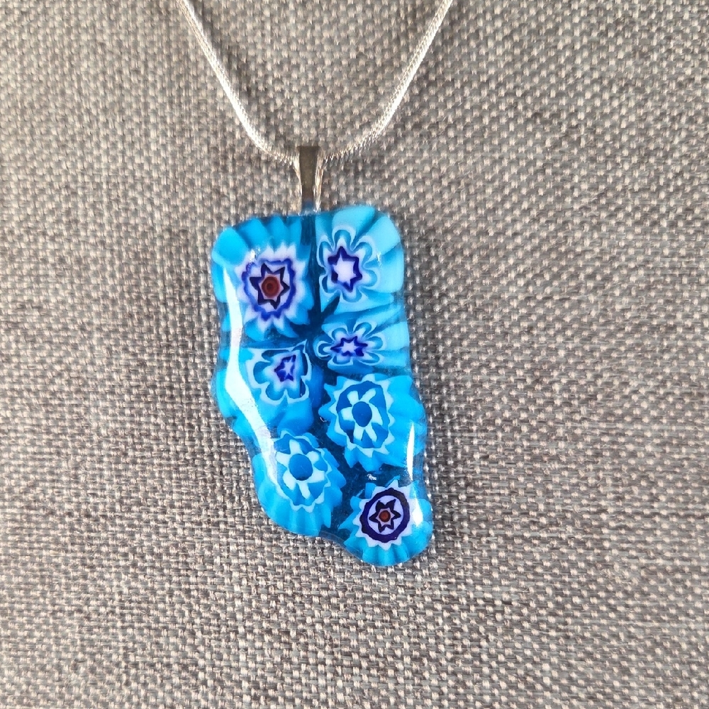 Blue Millefiori Glass Pendant Necklace